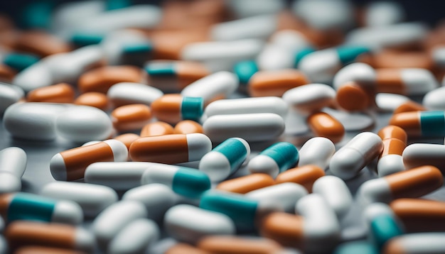 a pile of pills including one that has a blue top