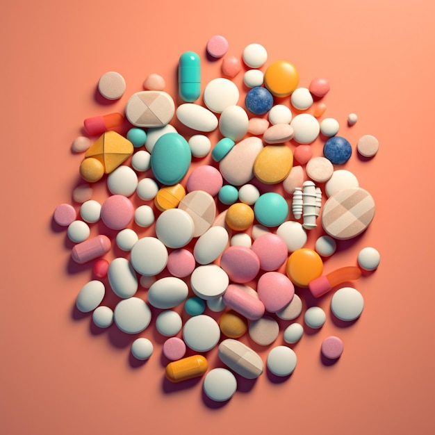 A pile of pills and tablets on a pink background