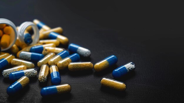 a pile of pills that are on a black surface