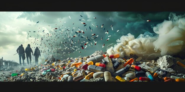 Photo a pile of pills and trash with a group of people in the background scene is bleak and desolate