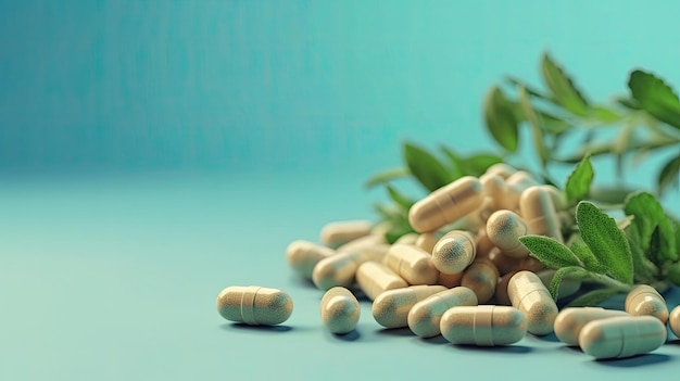 A pile of pills with green leaves on a blue background.