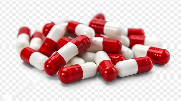 a pile of pills with red and white pills on a transparent background