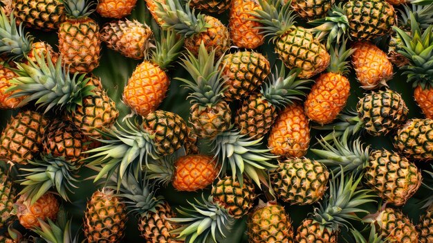 Photo a pile of pineapples with one of them being cut up