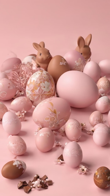 A Pile of Pink and Brown Eggs With Bunny Figurines