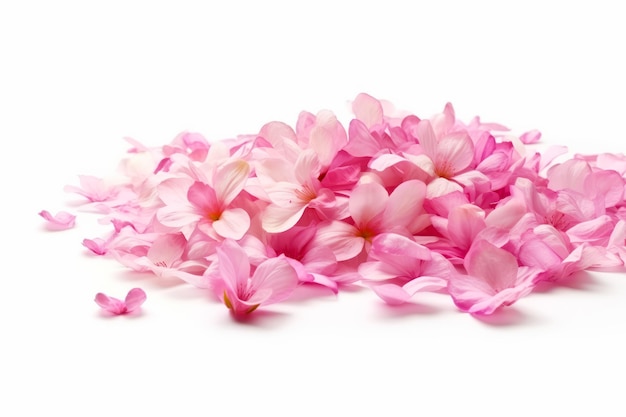 Pile of pink flowers on white background with pink petals on the bottom of the petals Generative AI