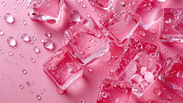 A pile of pink ice cubes with water drops on a pink surface in closeup