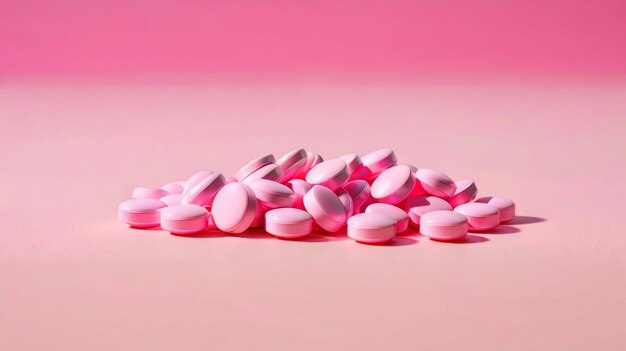 ピンクのテーブルの上にあるピンクの薬の山