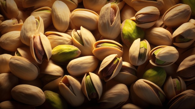 A pile of pistachio nuts with green and yellow seeds