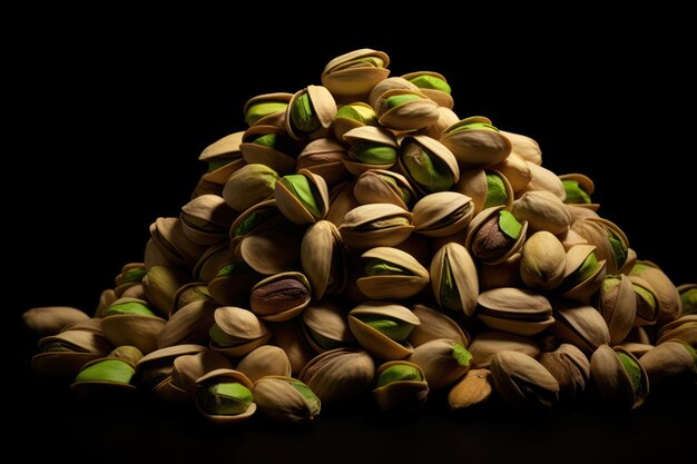 A pile of pistachios on a black background