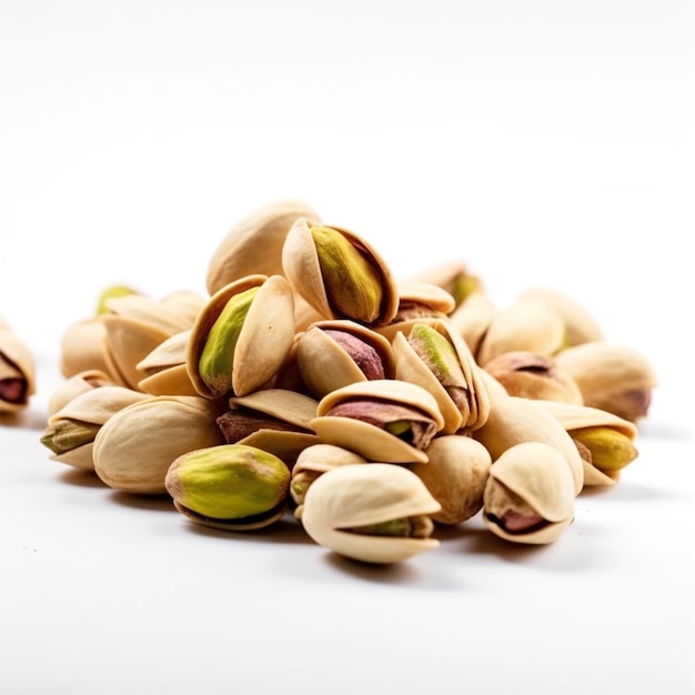 A pile of pistachios is shown on a white background.