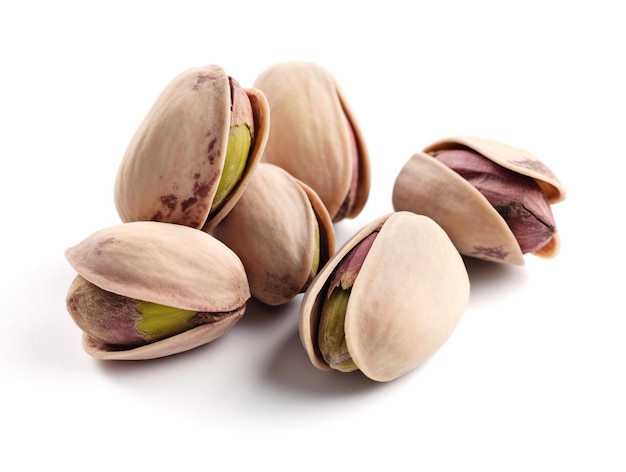 A pile of pistachios on a white background