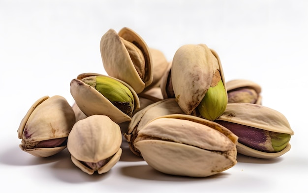 A pile of pistachios on a white background