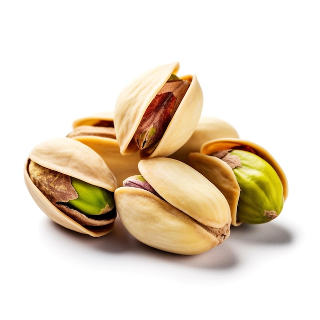 A pile of pistachios with one of them open with a white background