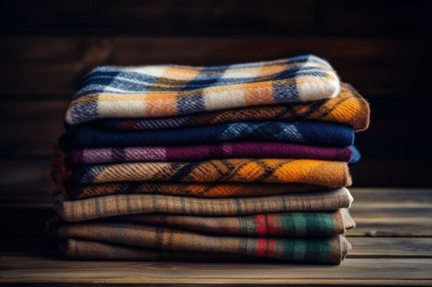 Pile of plaid wool blankets fall and winter theme