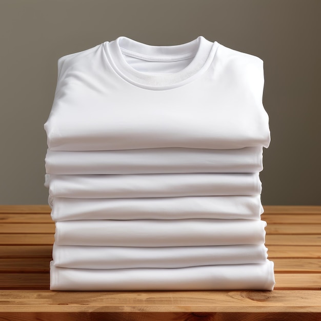 Foto una pila di semplici camicie bianche piegate ordinatamente sul tavolo