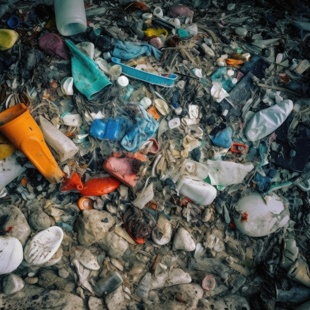 A pile of plastic bottles and plastic bottles are in the water.