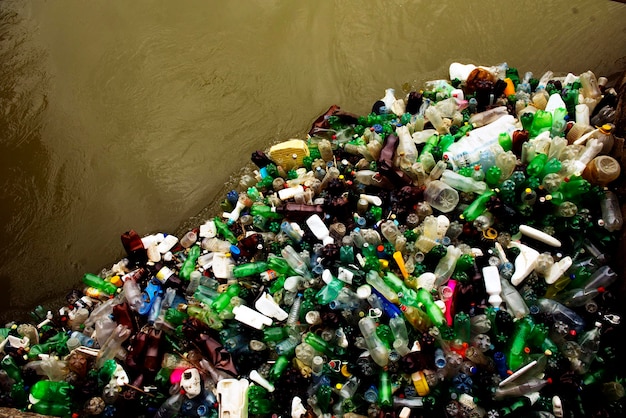 Pile of plastic bottles in river