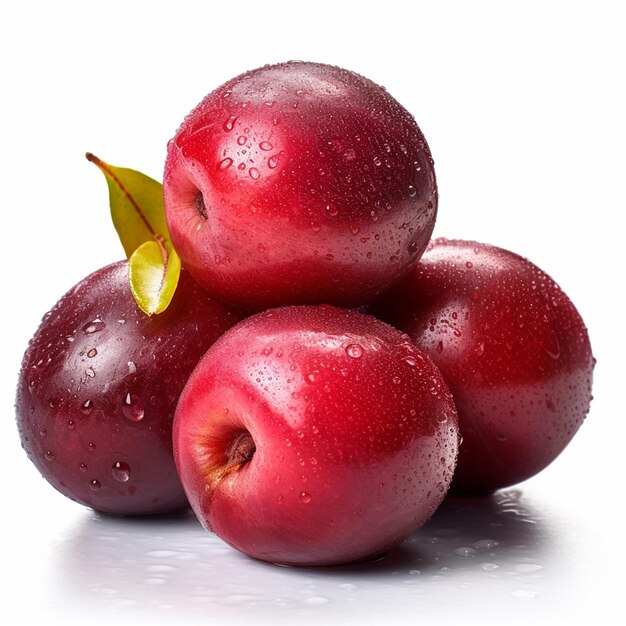 A pile of plums with a leaf on it