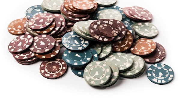 A pile of poker chips on a white background.
