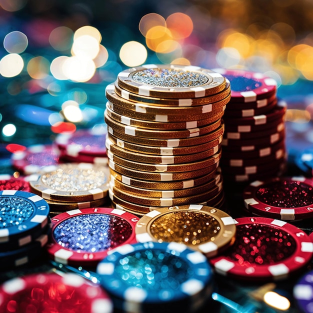 A pile of poker chips with a pile of gold coins on top of them.