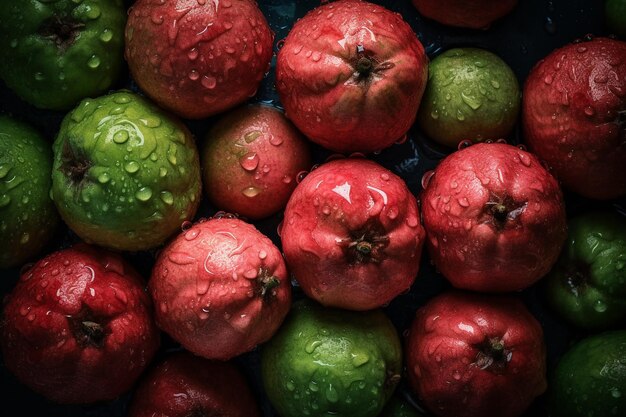 A pile of pomegranates with raindrops on them