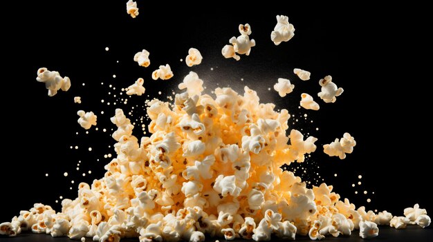 Photo a pile of popcorn exploding into the air with a black background