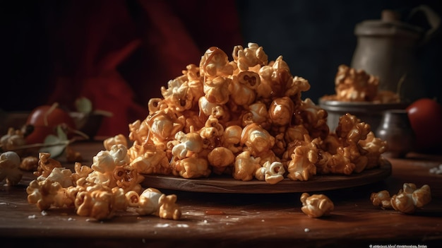 A pile of popcorn on a table