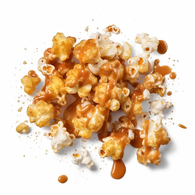 A pile of popcorn with caramel sauce on top.