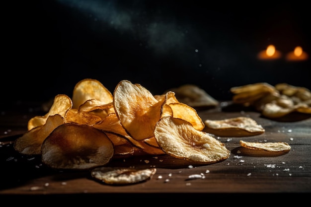 A pile of potato chips on a table with a light coming from behind