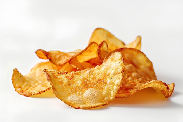 A pile of potato chips on a white background with a white background behind it and a white