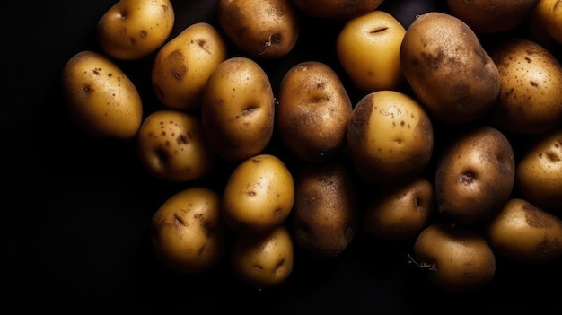 A pile of potatoes on a black background