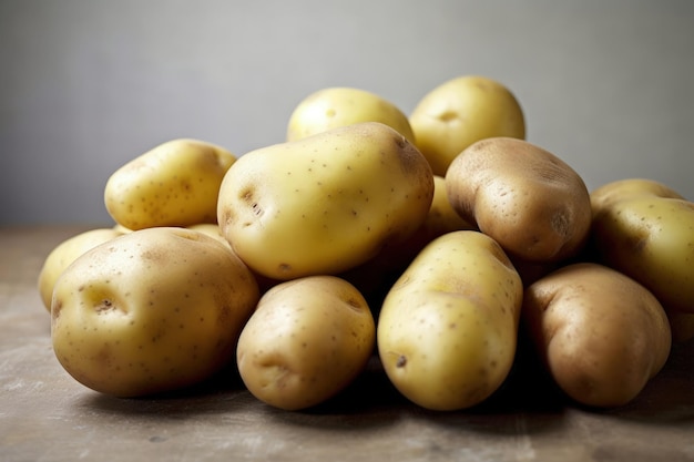 A pile of potatoes sitting on top of a wooden table generative AI