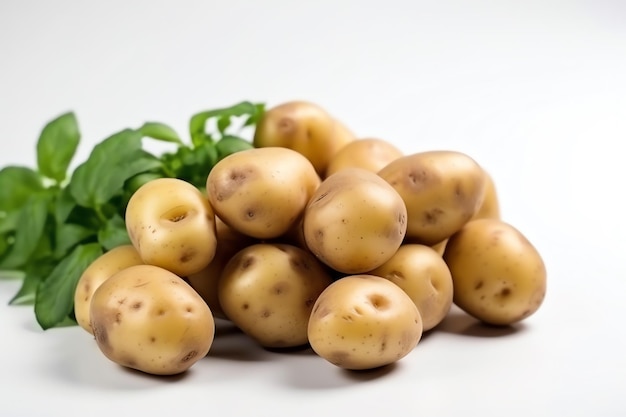 A pile of potatoes with a green leaf on the top