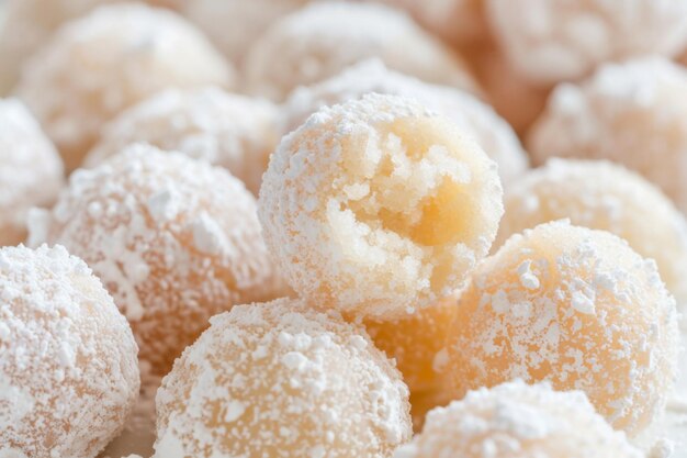 Photo pile of powdered sugar donuts on table