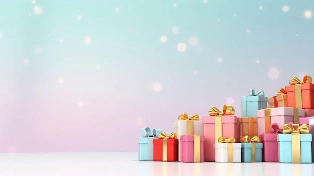 Pile of presents gift boxes in pastel colors on pastel pink and blue background with bokeh and glitter