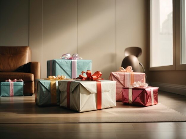 a pile of presents sitting on a floor next to a window with a chair