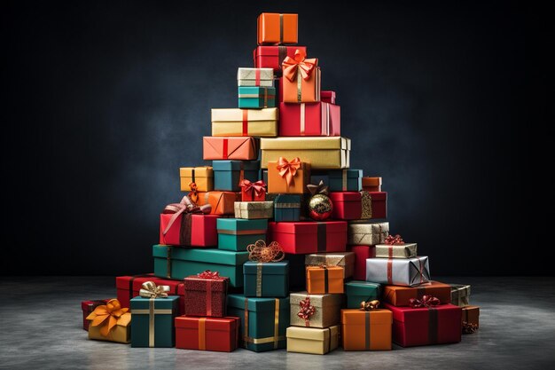 Photo a pile of presents with a black background and a black background.