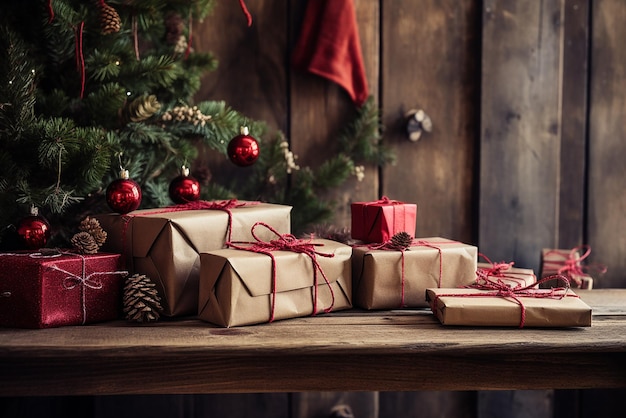 a pile of presents with a christmas tree in the background
