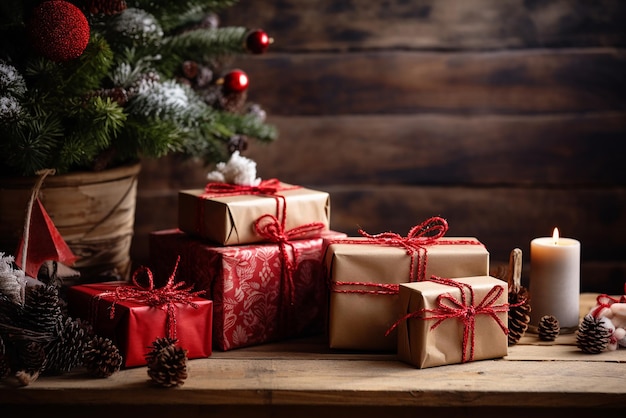 a pile of presents with a christmas tree in the background