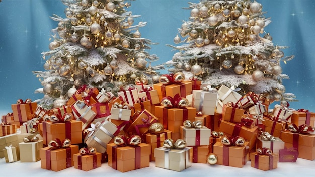 a pile of presents with a tree in the background and a christmas tree in the background