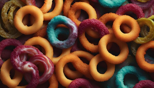 a pile of pretzels with a blue and purple background