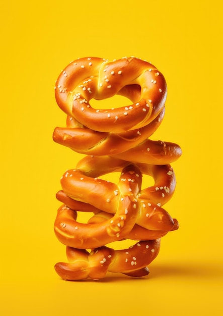 A pile of pretzels on the yellow background generative ai