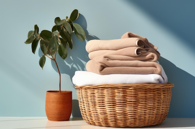 A pile of pristine neatly folded towels rests within a wicker basket atop a white table that contras