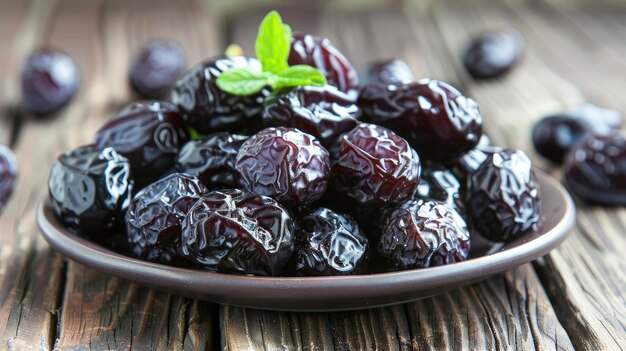 a pile of prunes on plate on a wooden table in the kitchen closeup