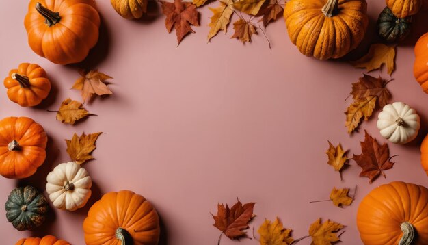 A pile of pumpkins and leaves on a pink background