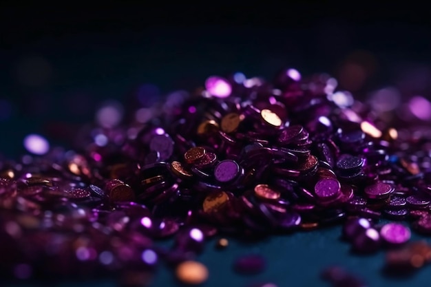 A pile of purple glitters on a dark background