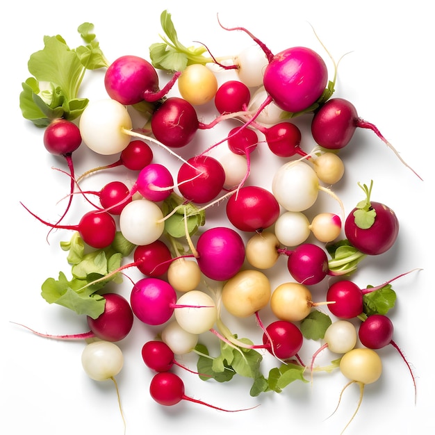 A pile of radishes with green leaves