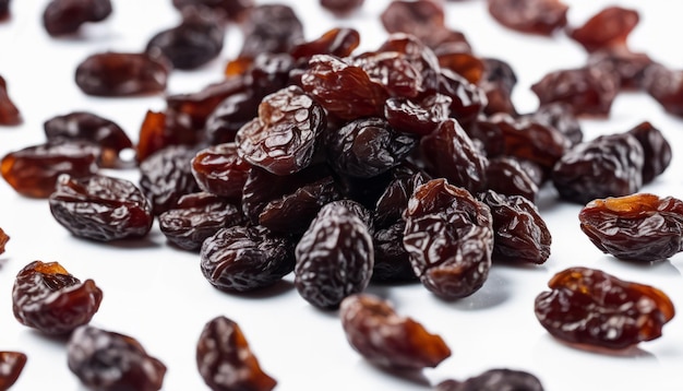 A pile of raisins on a white background