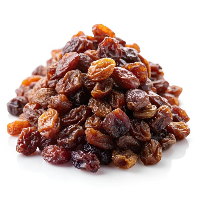 a pile of raisins with a white background