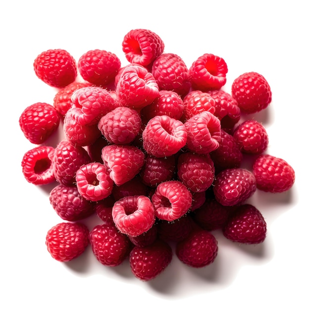 A pile of raspberries on a white background